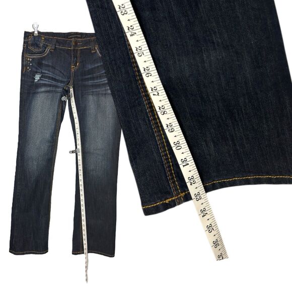 Slim Boot Low Rise Jeans Dark Wash Women 11/12R Thick Stitch Studs Whiskers Fade - Picture 13 of 16